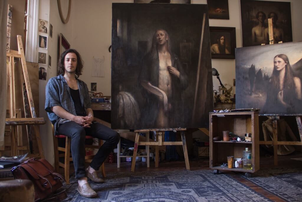 Sebastian Salvo beside his painting "Self Portrait with Dyspnea" - Jury's choice in the World Wide Kitsch Competition 2015. 