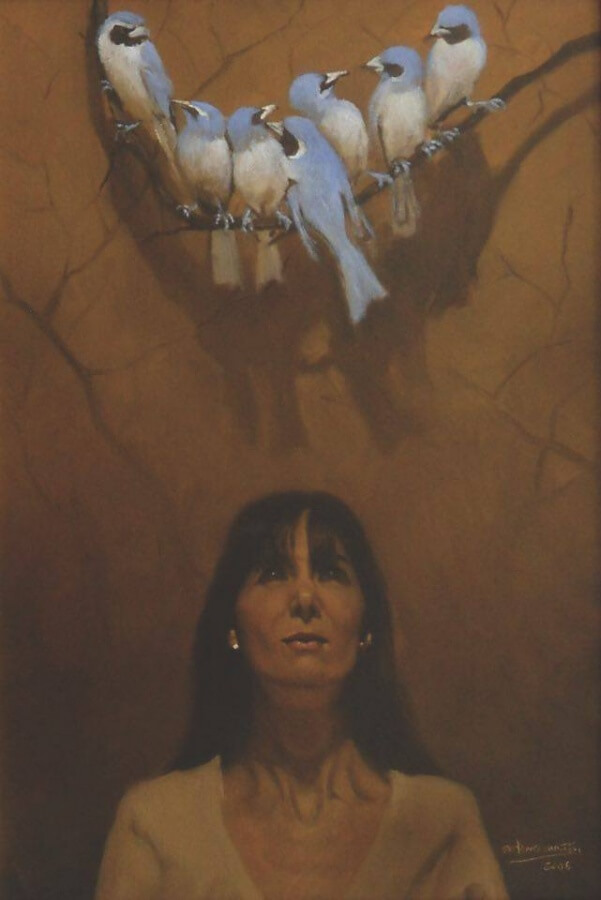 Antonio Mañón: "Woman watching birda", oil on canvas, 65 x 40 cm. 2005